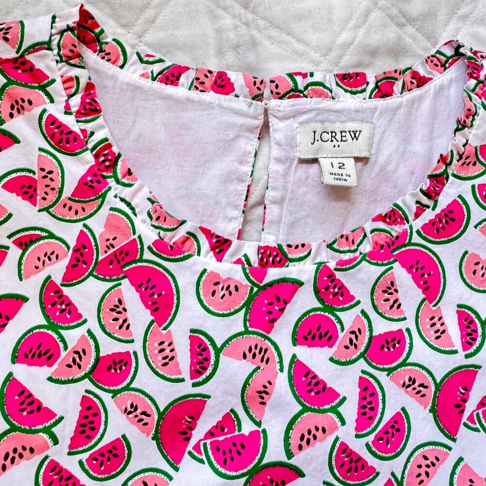 J. Crew Re-Imagined Tiered Dress Watermelon Print Side Pockets White Pink 12 - Picture 2 of 10